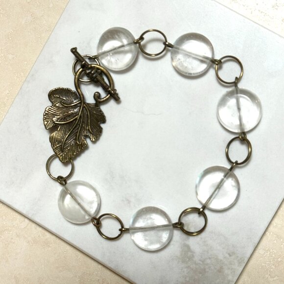 2/20, Natural Clear Quartz Bracelet, Genuine Gemstone + Bronze Grape Leaf - Picture 6 of 14